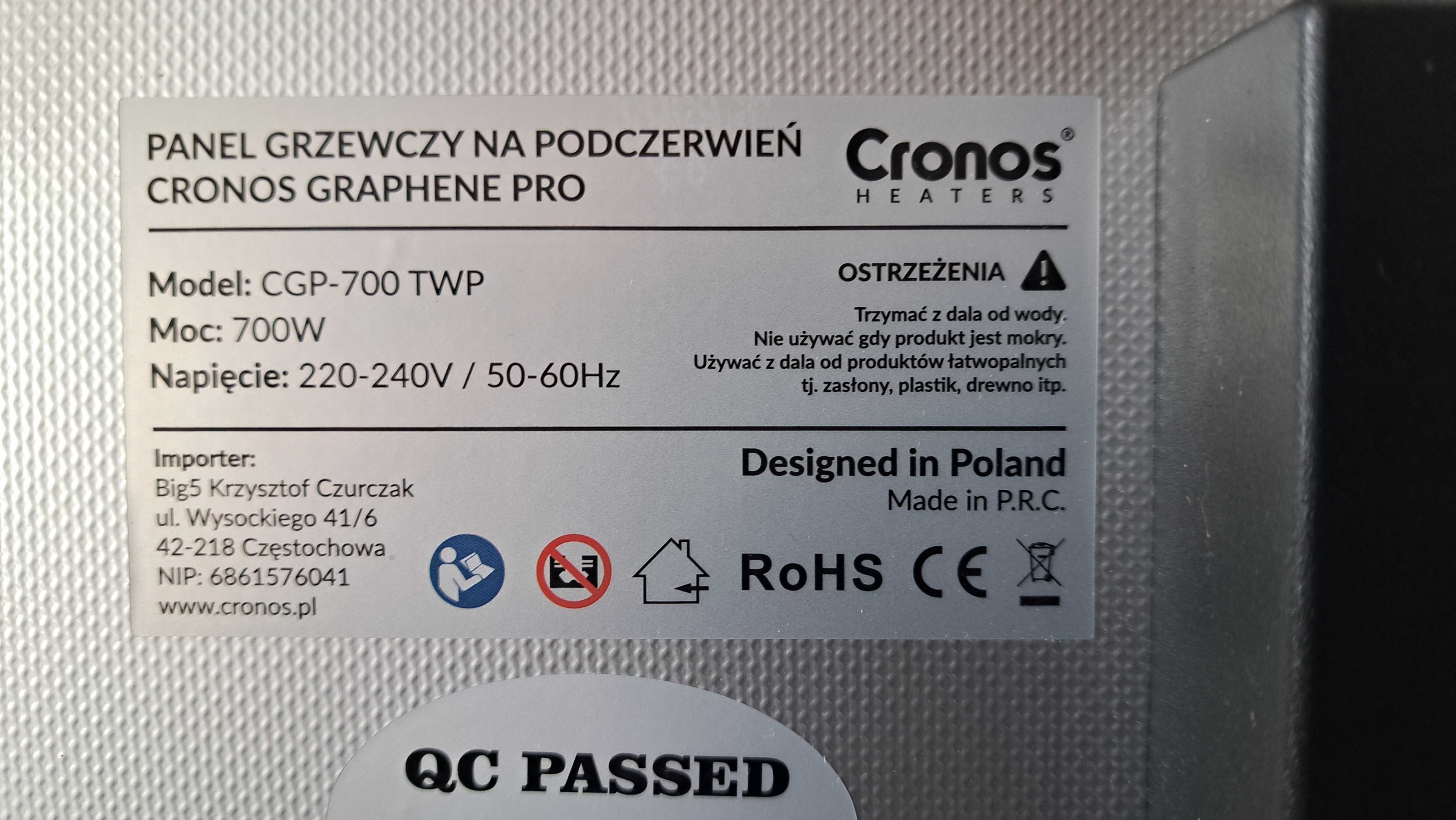 Panel grzewczy na podczerwień CRONOS®  CGP-700TWP BIAŁY - Gwarancja.