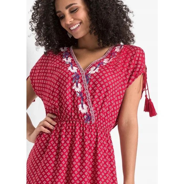 bonprix czerwona sukienka mini boho cold shoulders hafty frędzle 50
