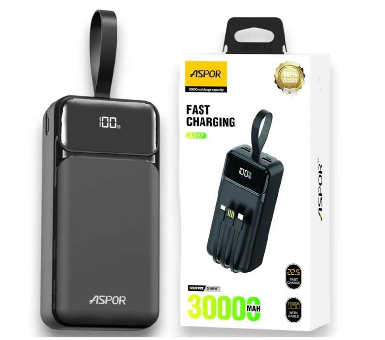 Повербанк Aspor 30000мАг 22.5W USB Type-C вбудований кабель оригінал