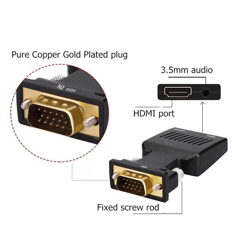 Conversor Adaptador VGA Macho para HDMI Fêmea c/ Áudio p/ PC Monitor