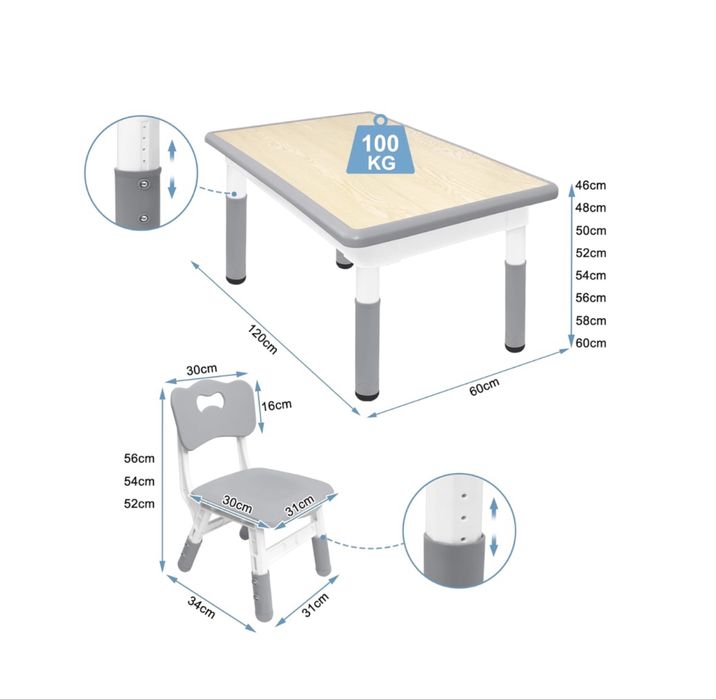 Stół stolik dla dzieci z 4 krzesłami regulowana wysokość 120x60cm