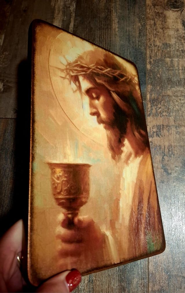 Obraz na drewnie ręcznie zdobiony, prezent, Pan Jezus, rękodzieło