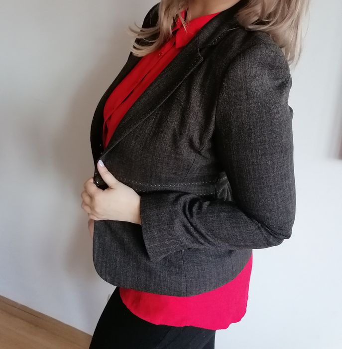 Elegancki klasyczny żakiet brązowy z przeszyciami F&F r. 40
