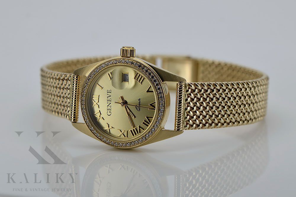 Złoty zegarek damski 14k z BRYLANTAMI 0.25ct Geneve lw078y&lbw003y-d/P