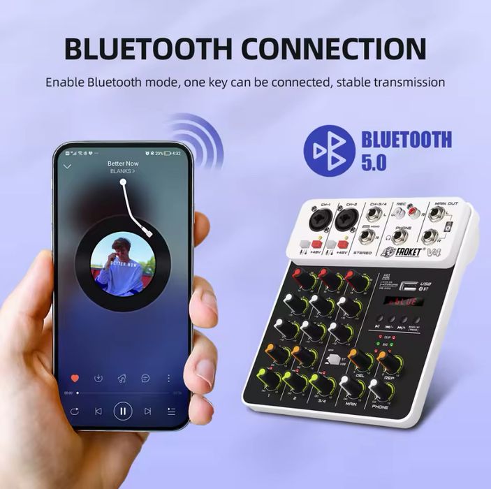 Мікшерний пульт 4 канал. Debra V4. Bluetooth, звукова карта. Пульт