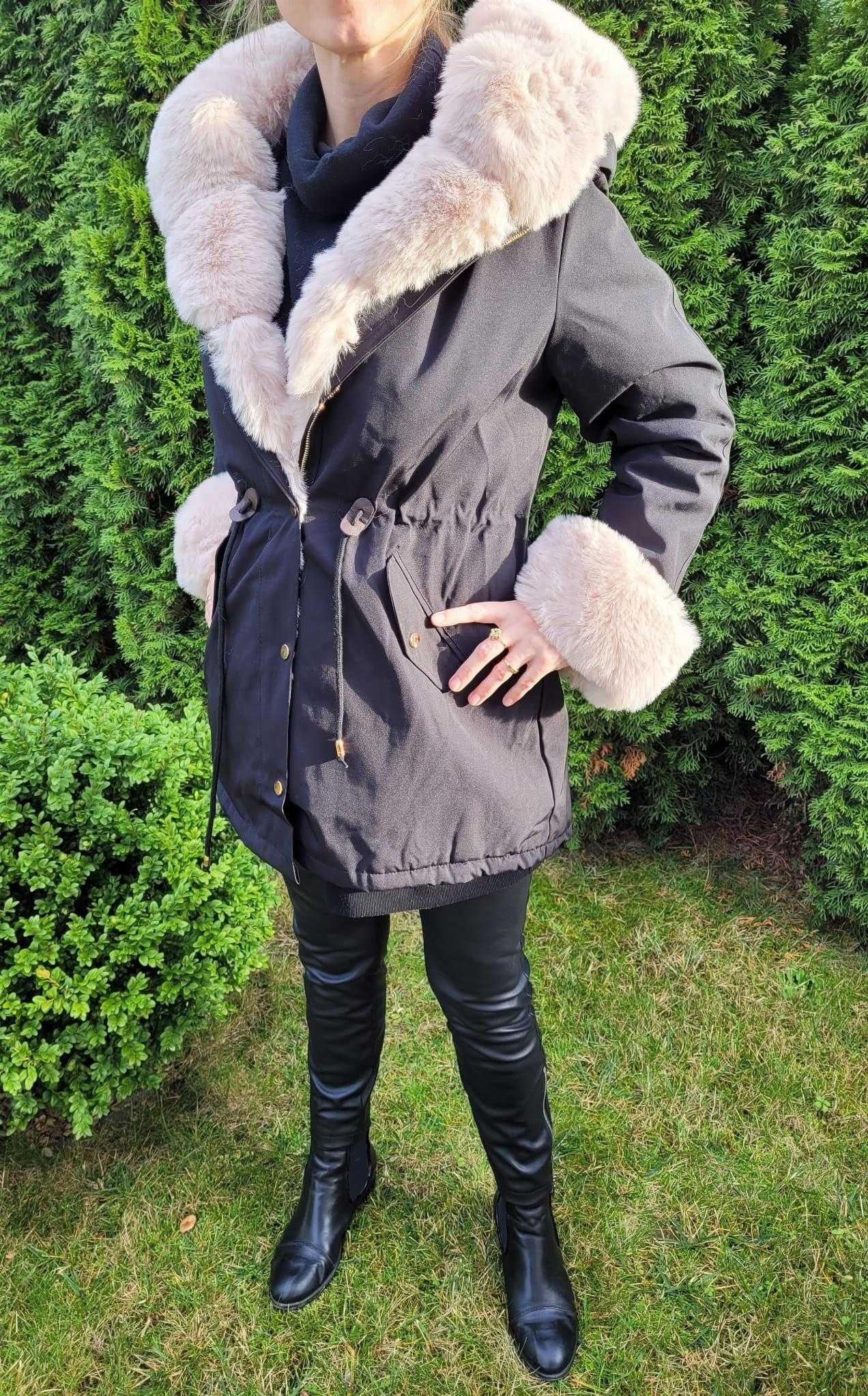 Czarna zimowa kurtka parka damska z futerkiem i kapturem nowa M-2XL