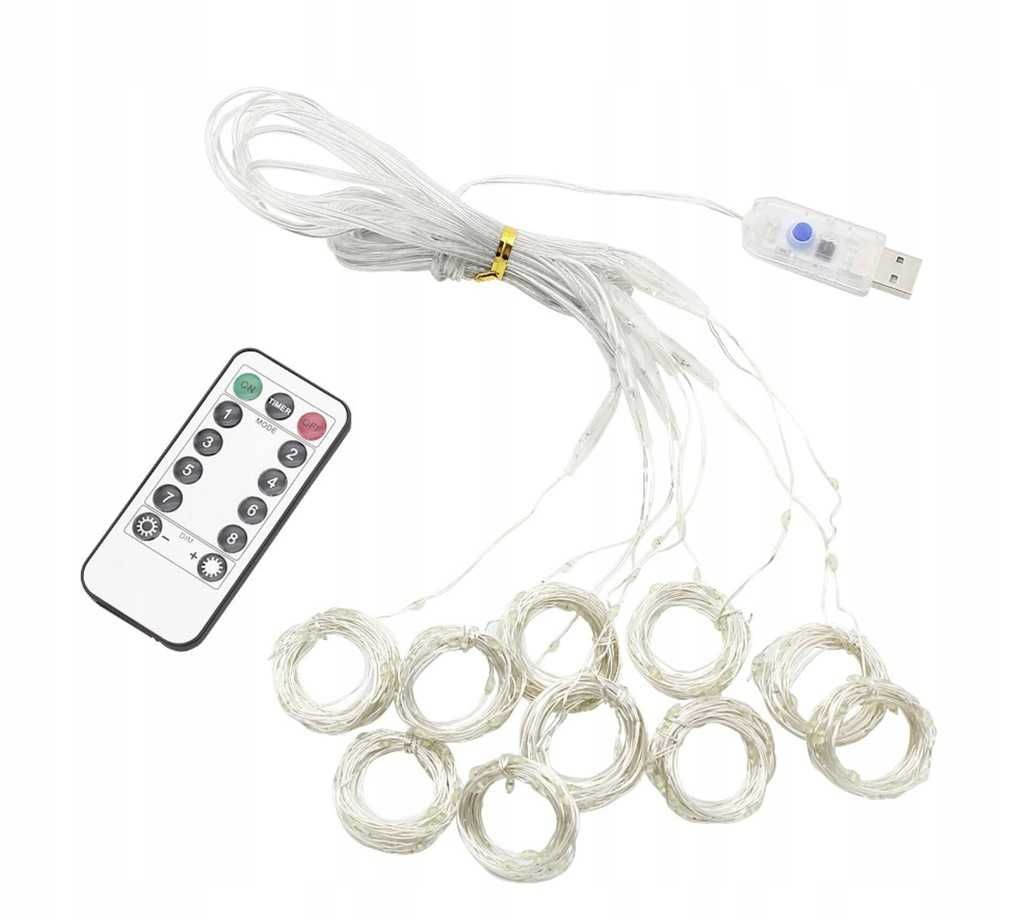 Kurtyna Świetlna Led Na Druciku 300 LED USB Biały Zimny Pilot