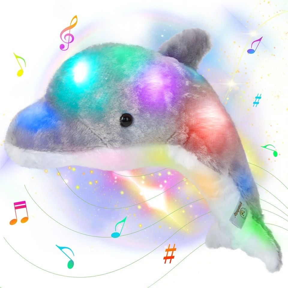 Peluche golfinho cinzento 40cm canta 10 músicas e dá luz.