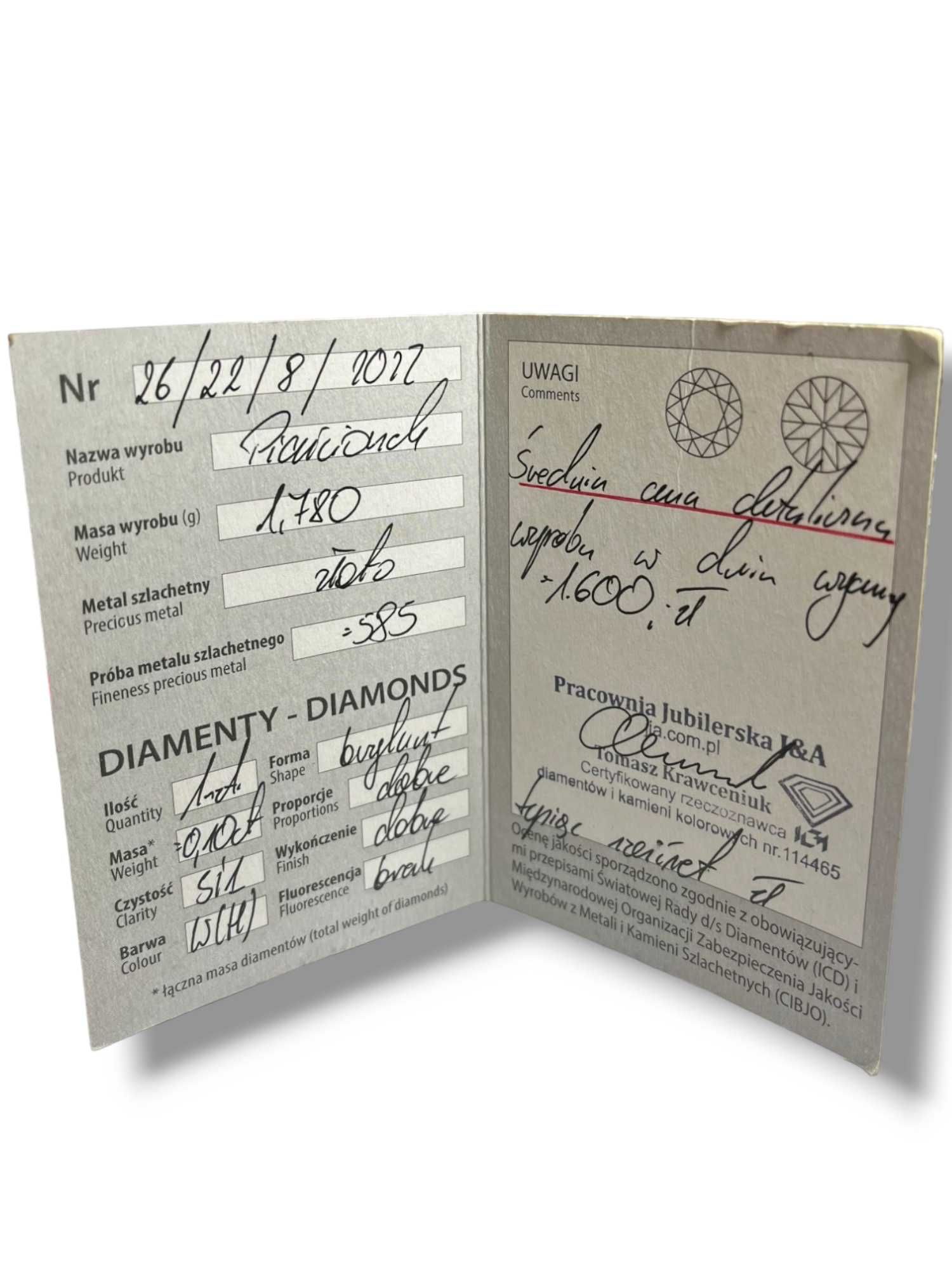 Złoty pierścionek próby 585 z Brylantem  1,78G 0,10 CT