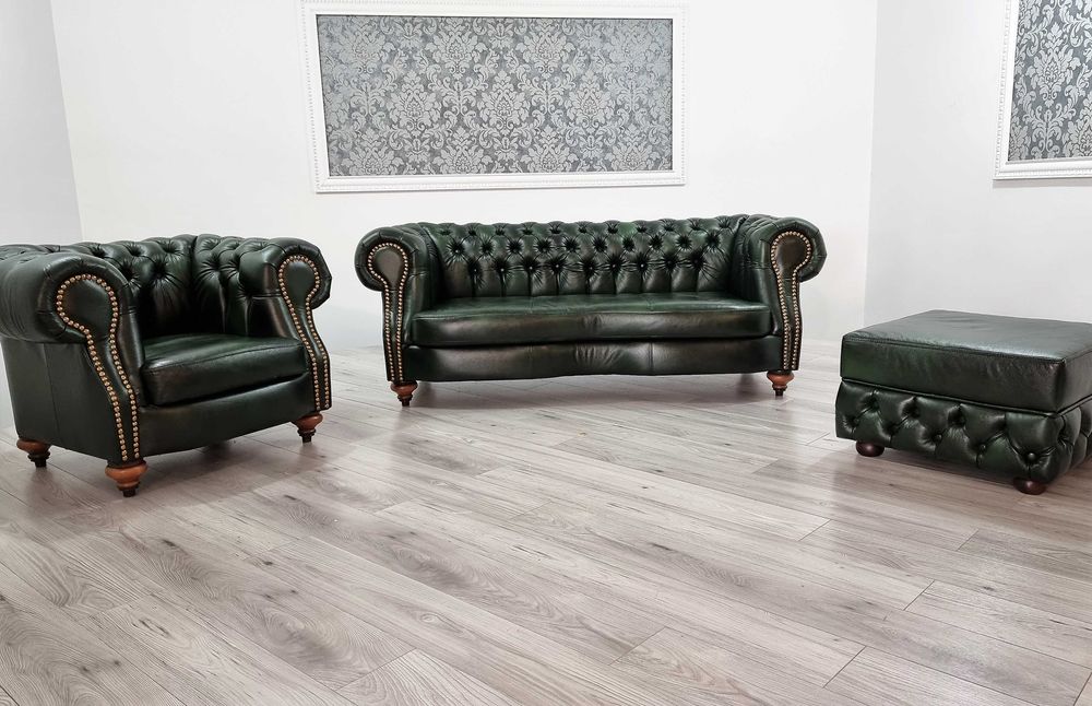 Zestaw pikowany Chesterfield MILTON 3+1+pufa/ skóra / producent