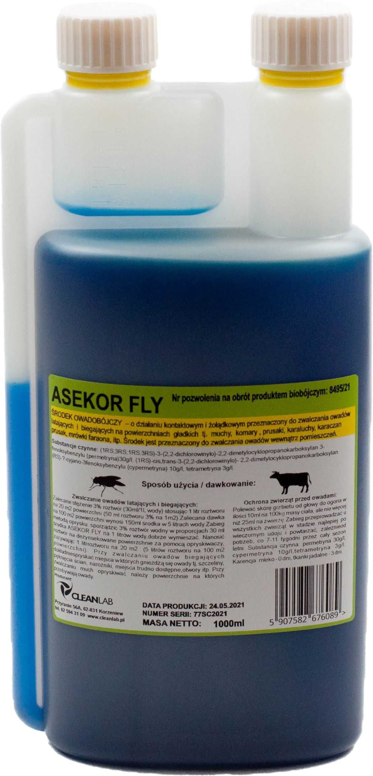NAJSKUTECZNIEJSZY Preparat na owady MUCHY ASEKOR FLY, niebieski, 1 L