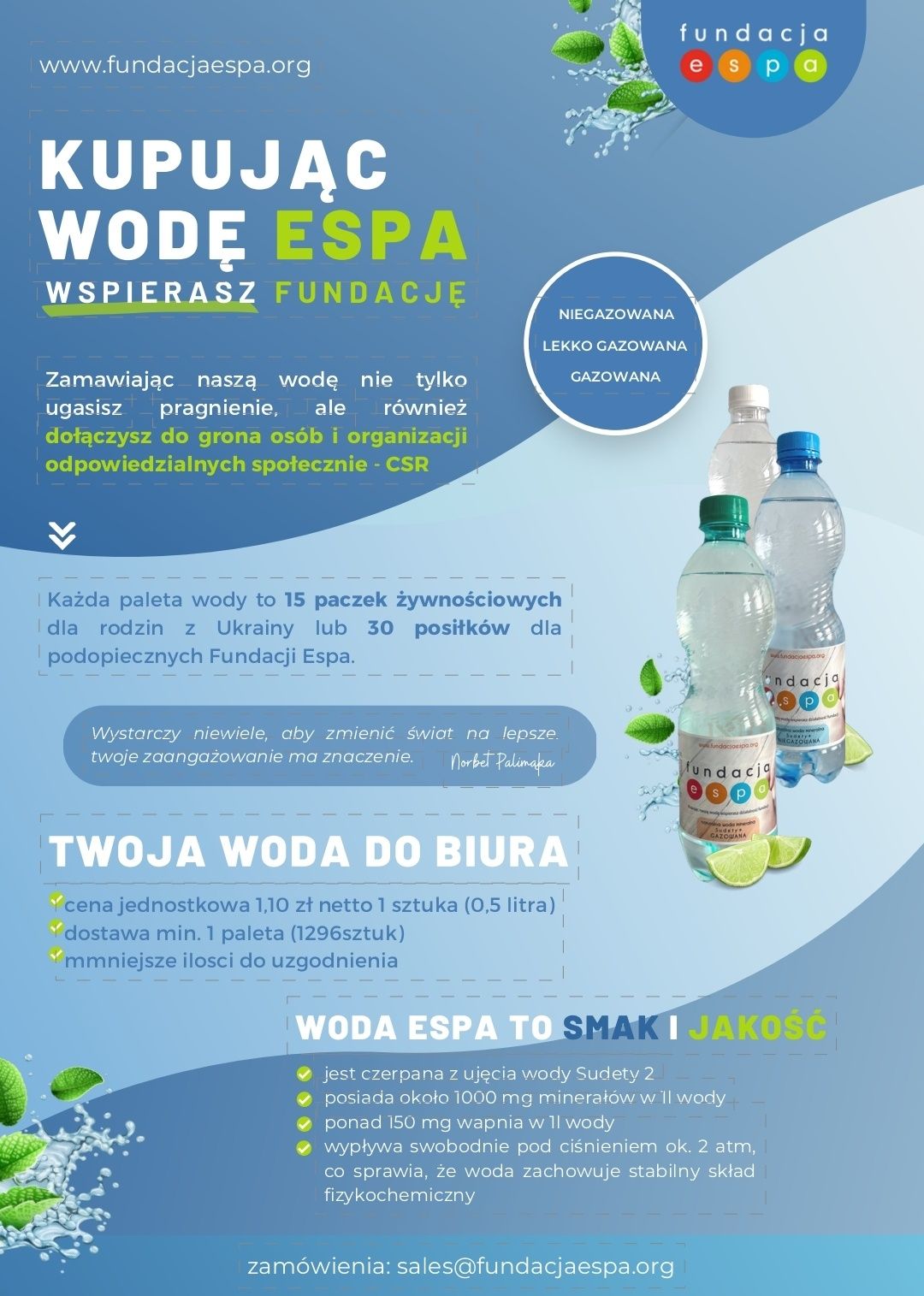 Woda  gazowana, niegazowana butelkowana Fundacja ESPA