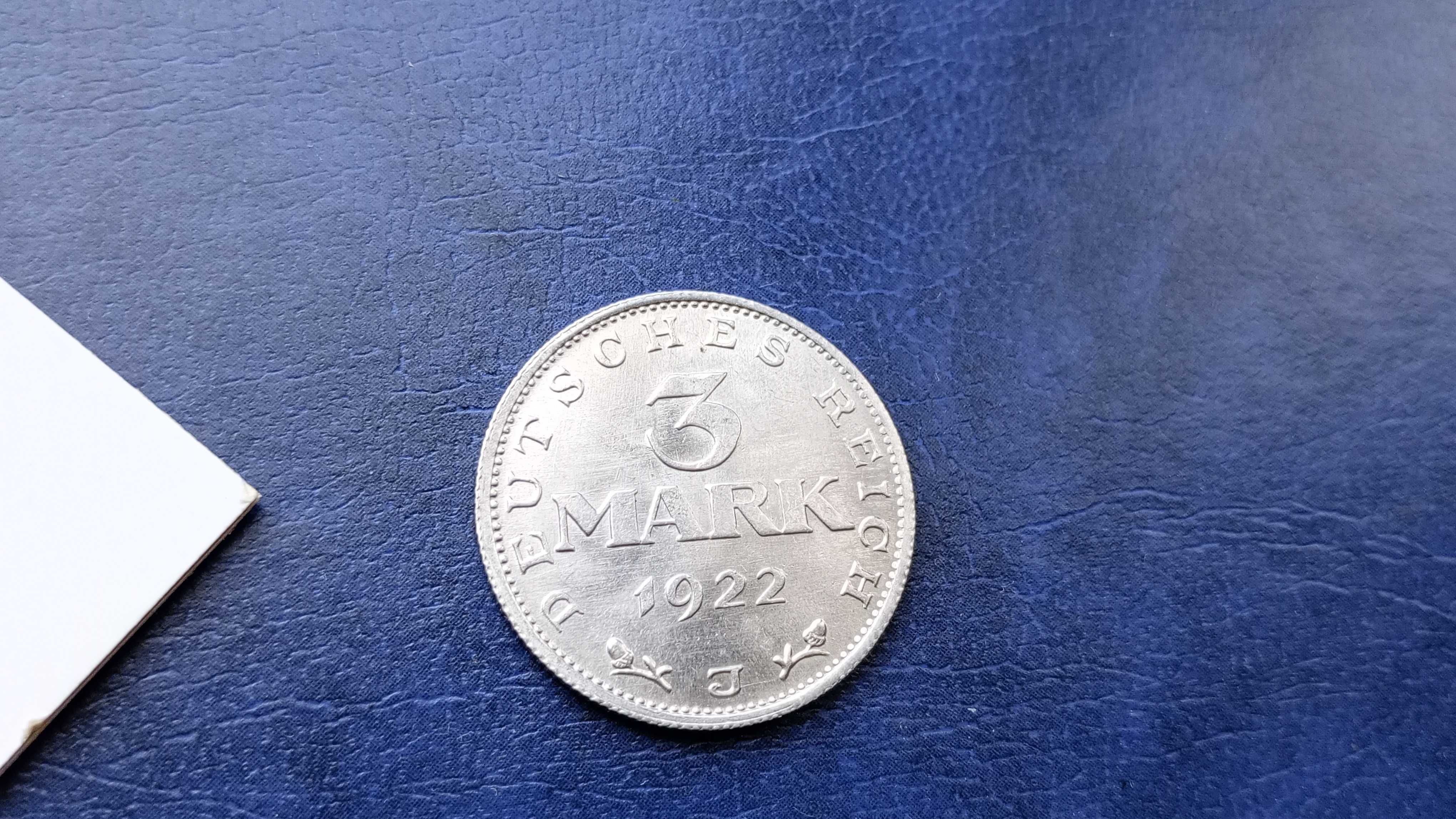 Stare monety 3 marki 1922 J  Niemcy stan menniczy