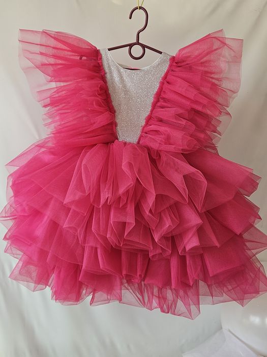 Платье на выпускной в садик на 7 лет розовое малиновый фатин блестящее