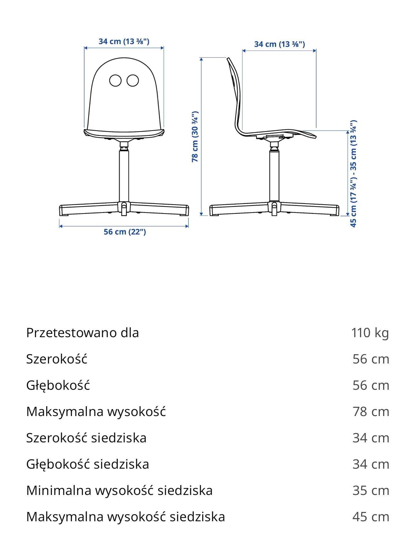 Dziecięce krzesła biurowe, regulowana wysokość.