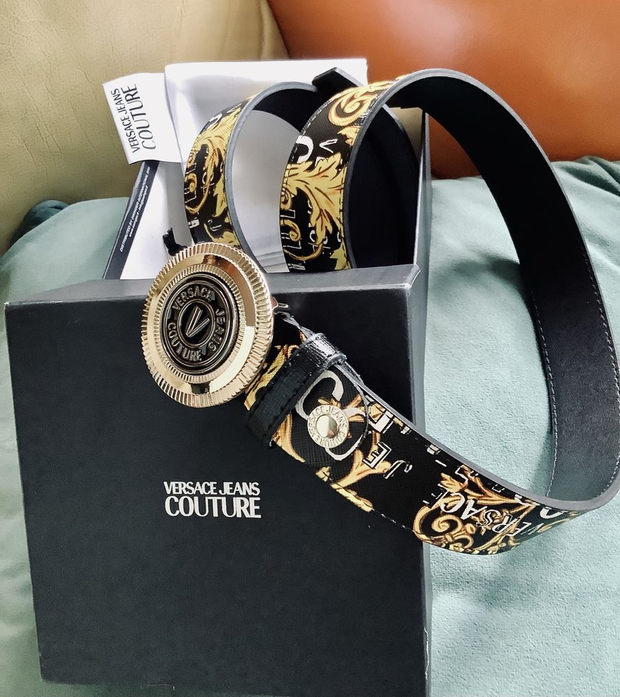 Pasek Versace Jeans Couture, skóra, klamra, zlote dodatki, 95 cm