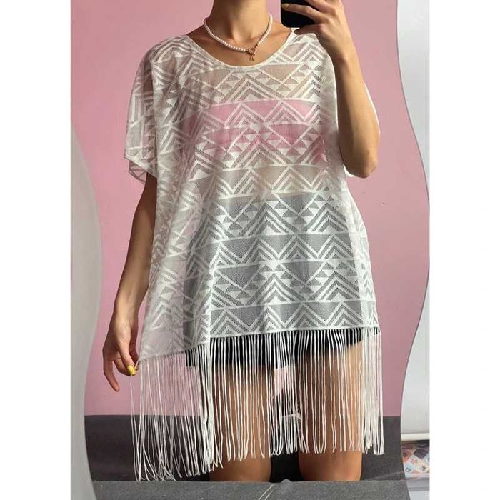 Narzutka na plażę tunika Plażowa z frędzlami  na kostium m 38 ażurowa