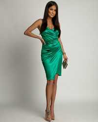 Sukienka satynowa zielona szmaragdowa zieleń 34,36 asymetryczna 38 hit