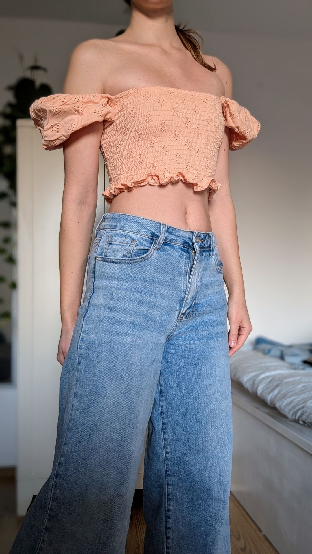 Bluzka crop top różowa brzoskwiniowa morelowa bufiaste rekawy XS baweł