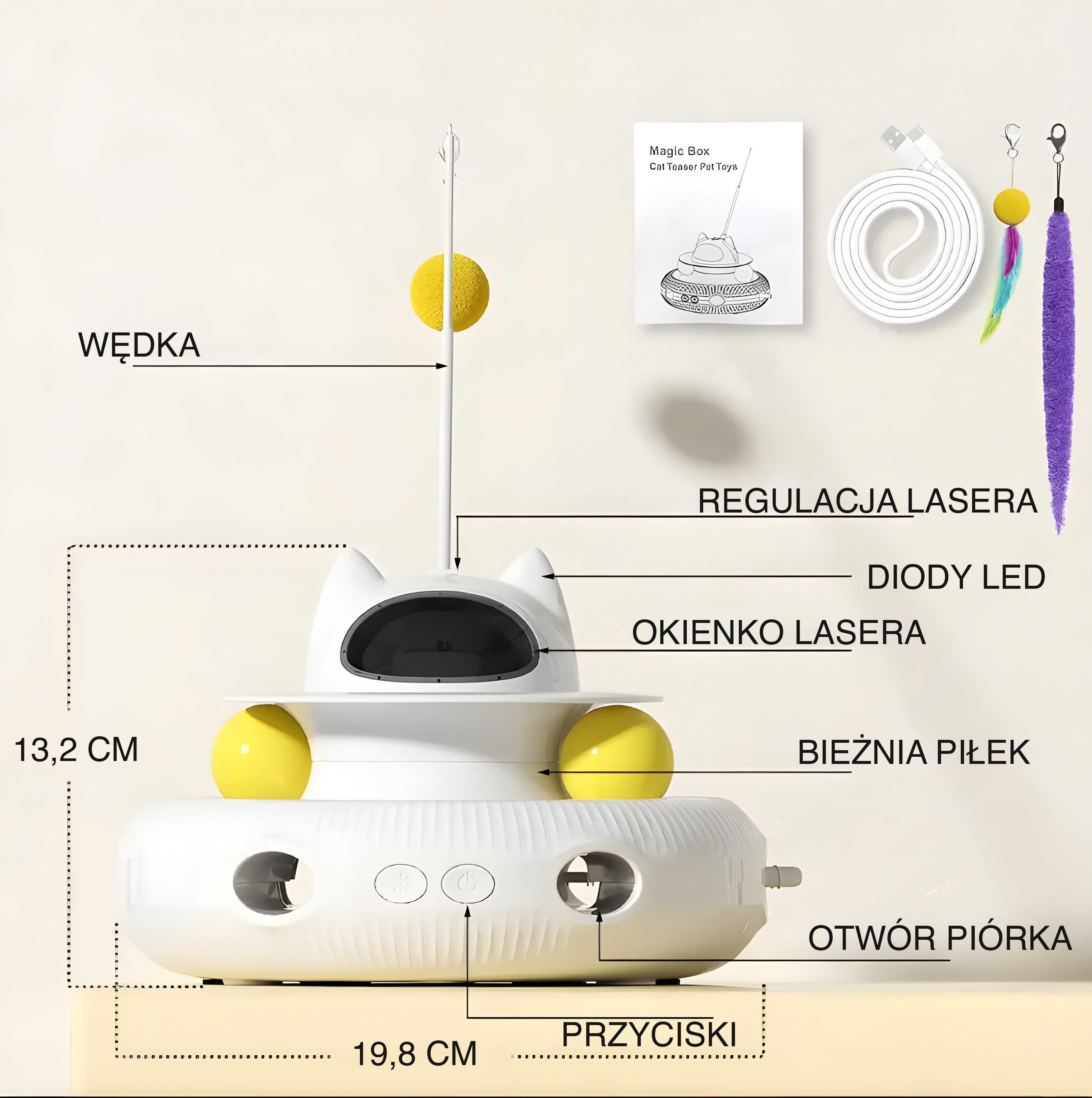 Zabawka 4w1 interaktywna dla kota świecąca laserem , wędka, piórko