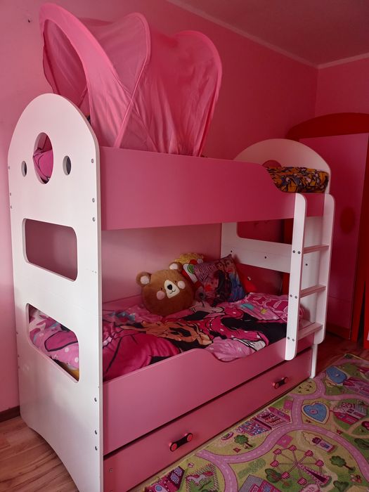 Biało-różowe łóżko piętrowe 160cm białe łóżeczko domek podwójne ikea