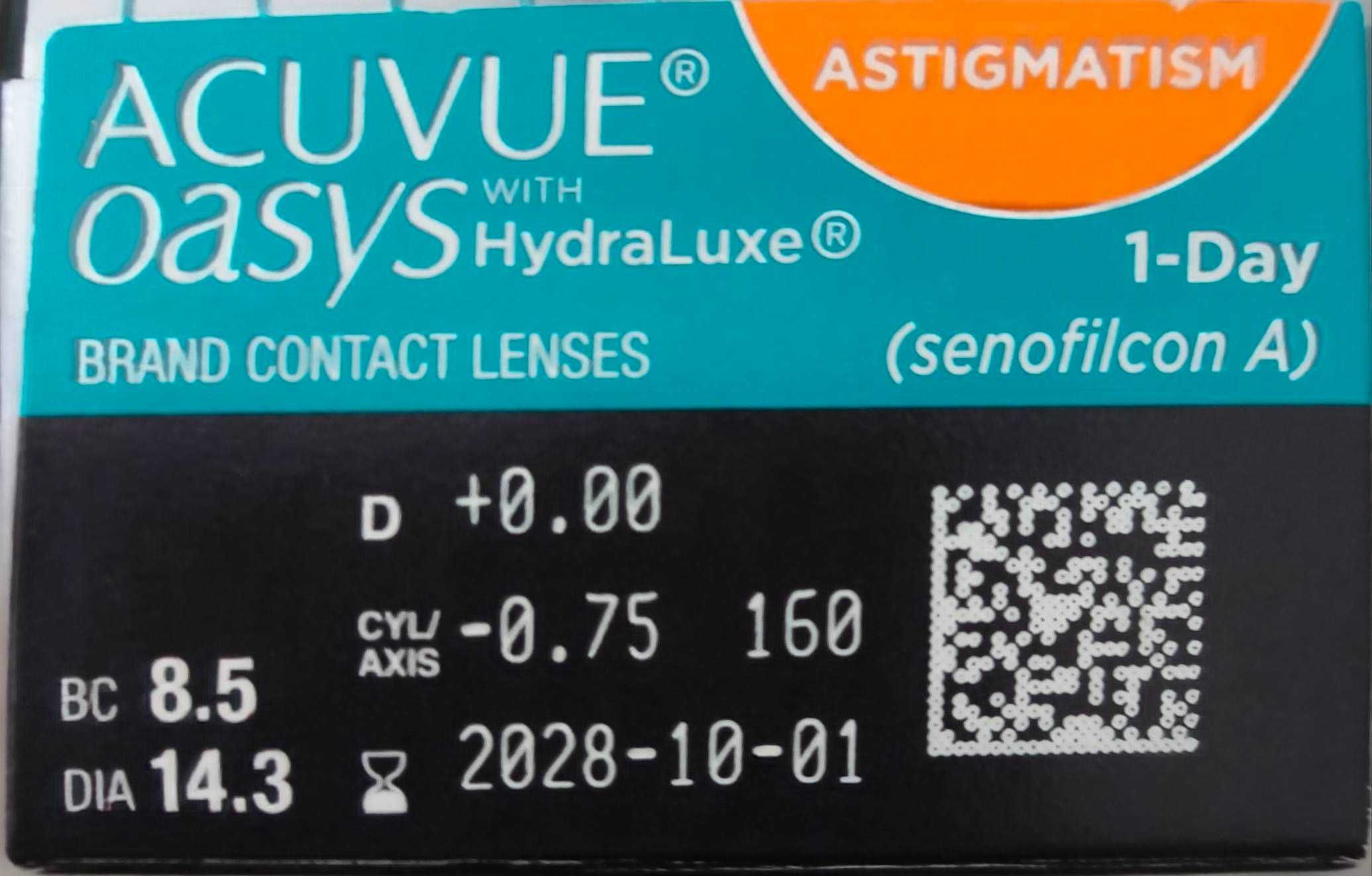 Soczewki ACUVUE OASYS 1-Day with HydraLuxe moc -0,75 BC 8,5 AXIS 160