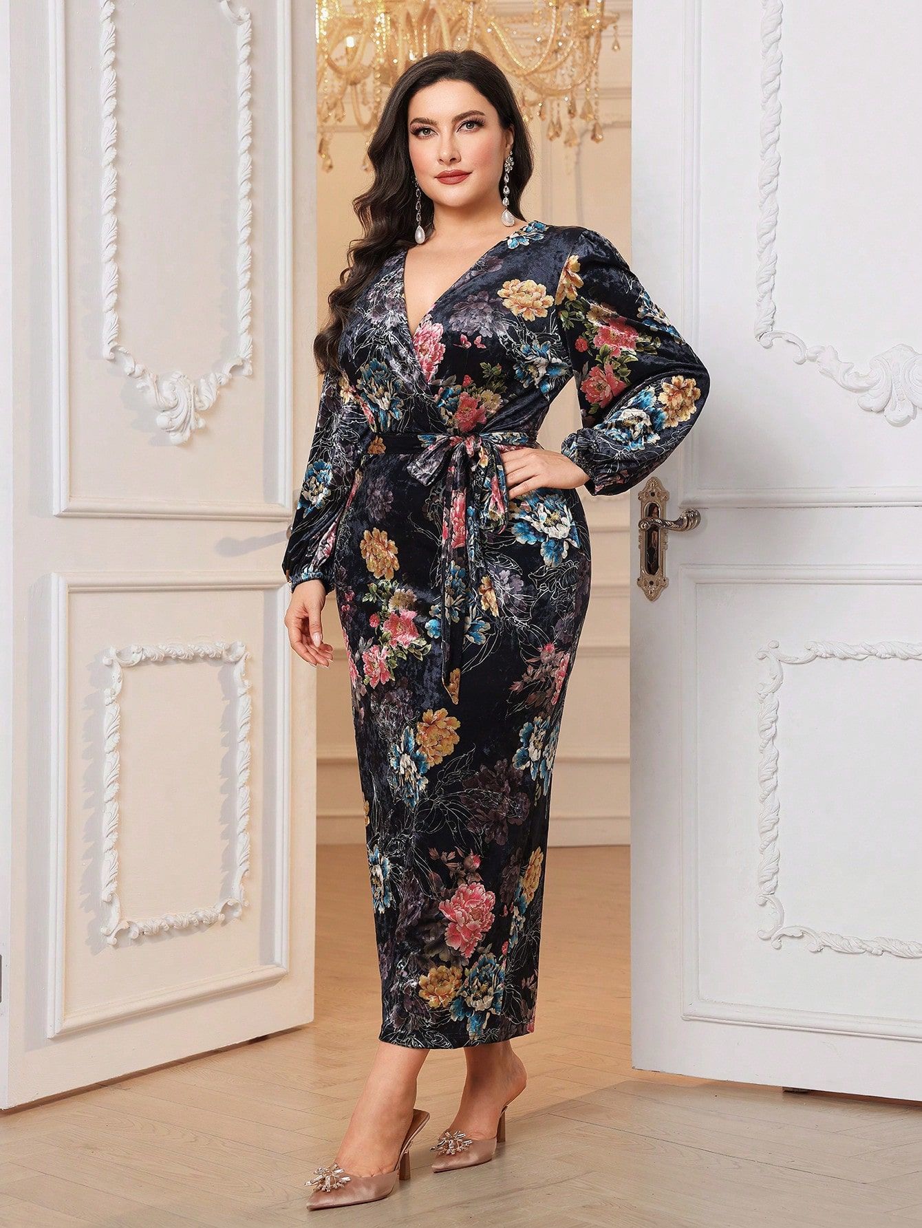 Sukienka Maxi Aksamitna Elegancka Ołówkowa W Kwiaty Shein Xxl 44