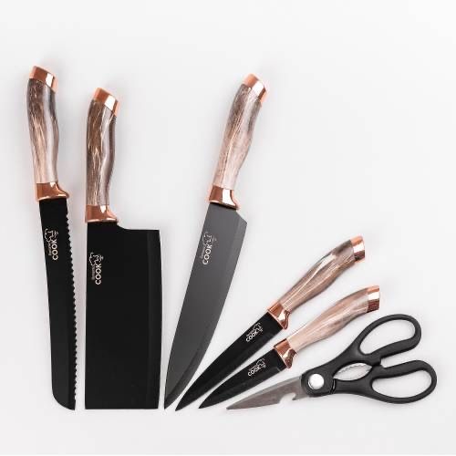 Набір кухонних ножів на підставці з точилом 6 предметів коричневий