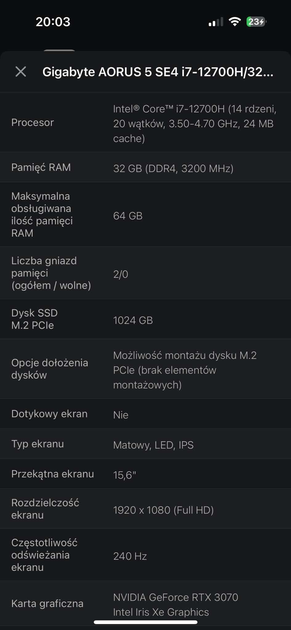 Gigabyte AORUS 5 SE4 i7-12700H/32GB/1TB RTX3070