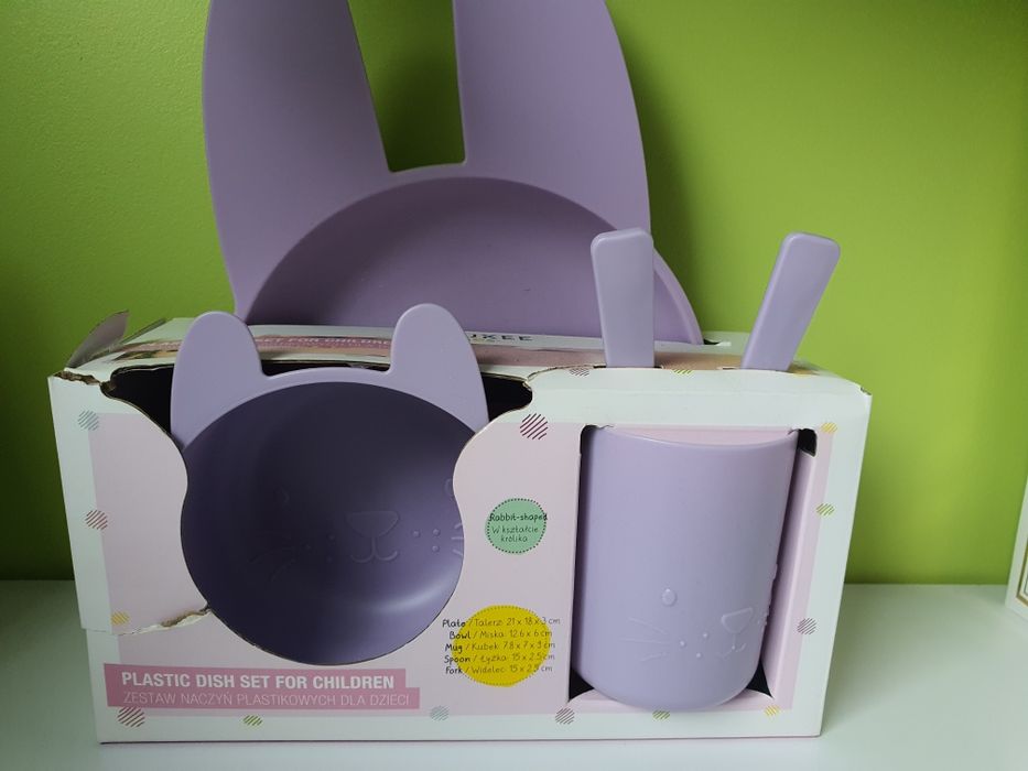 Zestaw naczyń plastikowych dla dzieci, 6m+, fioletowy królik, Sinsay