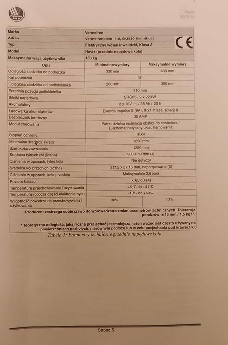 Wózek inwalidzki, elektryczny pokojowo terenowy  Navi bez akumulatora