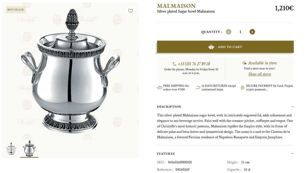 Christofle serviço chá e café 'Malmaison' em casquinha de prata / bule