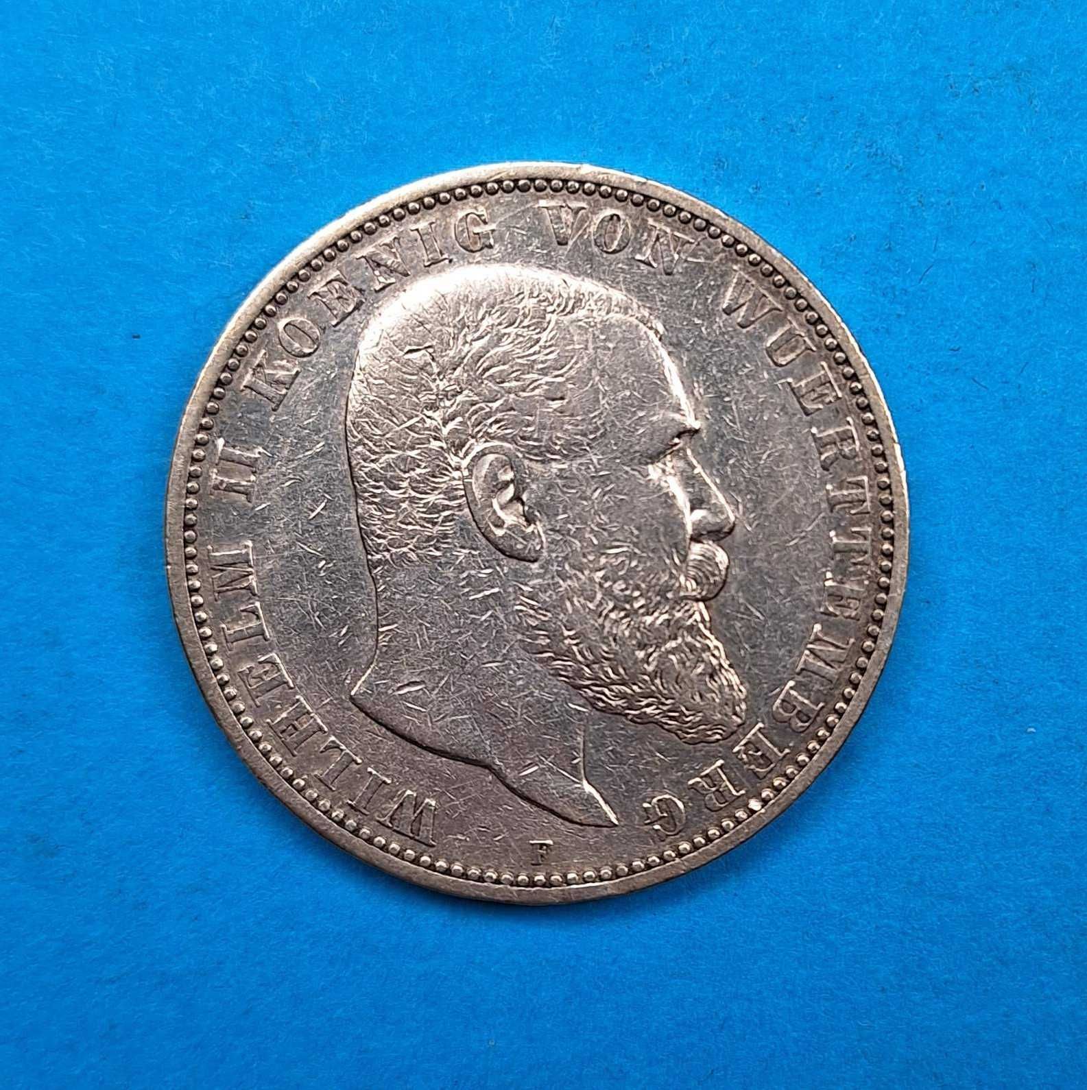 Niemcy 5 marek rok 1895, Wirtembergia, bdb stan, srebro 0,900