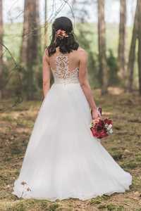 Prosta suknia ślubna - piękne plecy rozm.36 kwiatki koronkowe