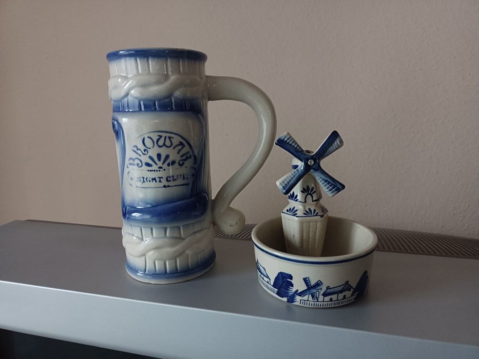Motyw holenderski Kufel i miseczka z wiatrakiem niebieski porcelana