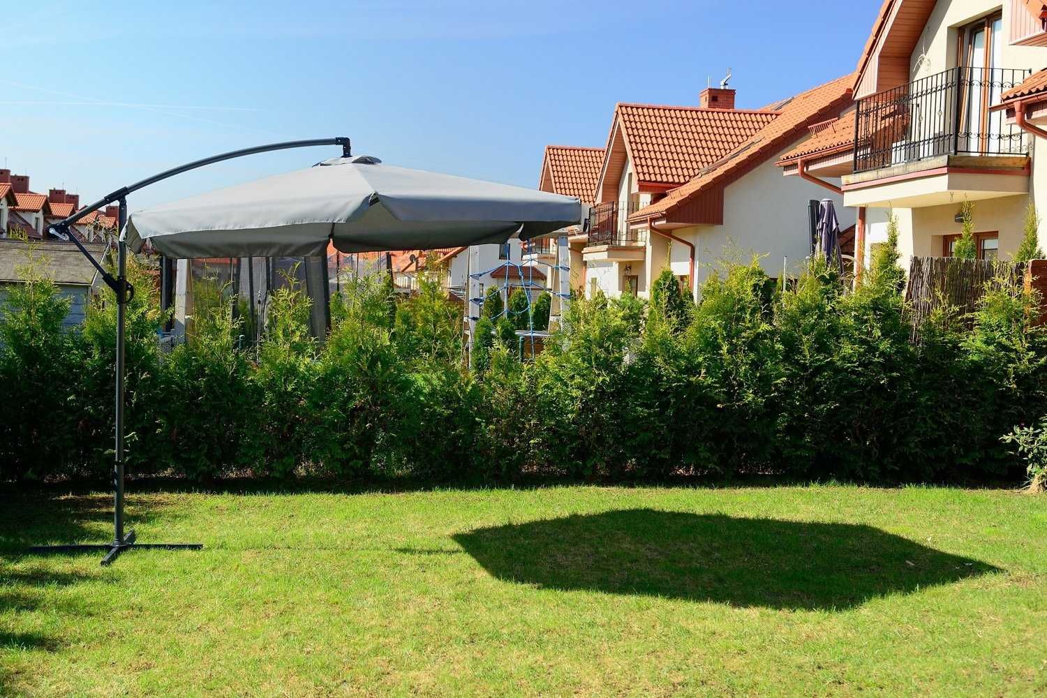 Parasol Ogrodowy Duży Składany Wysięgnik 350cm Szary Falbany Tarasowy