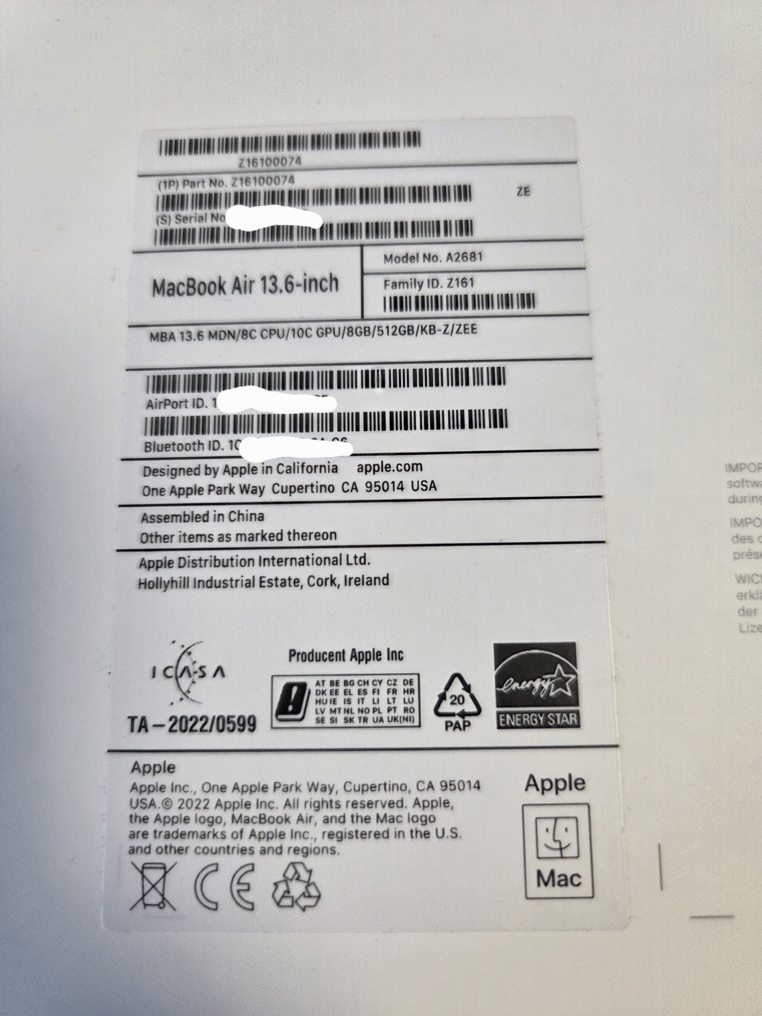 Macbook Air 13,6 model 2022 A2681 8/512GB