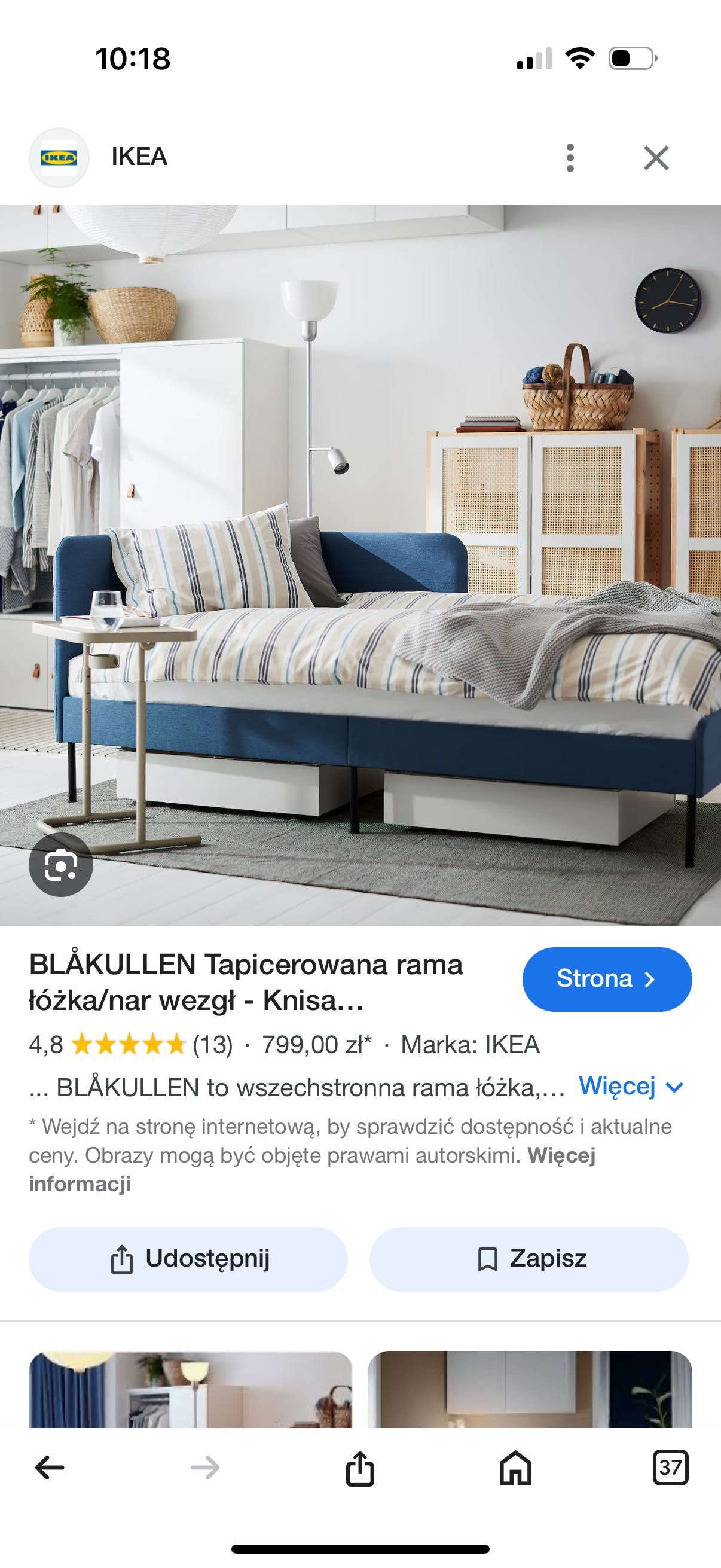 Łóżko Ikea 90 200 tapicerowana rama niebieska