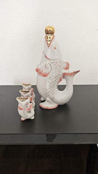 Karafka Ryba + 3 kieliszki, piękne, PRL