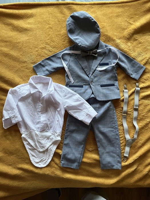 Garnitur niemowlęcy 62-68 na chrzest spodnie marynarka koszula szelki