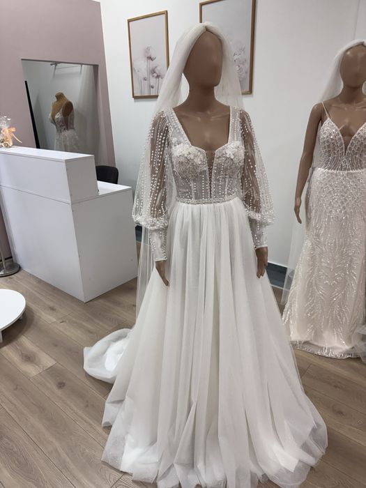 Nowa gorsetowa suknia slubna z dlugim rekawem kwiaty 3D blyszczaca 36