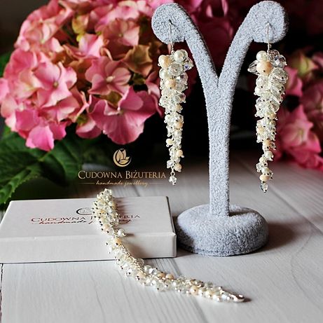 Biżuteria ślubna ecru ivory kremowa perły białe nowe