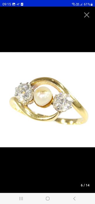 Pierścionek zabytkowy 1905r złoto 18k perła diamenty 0.4 crt