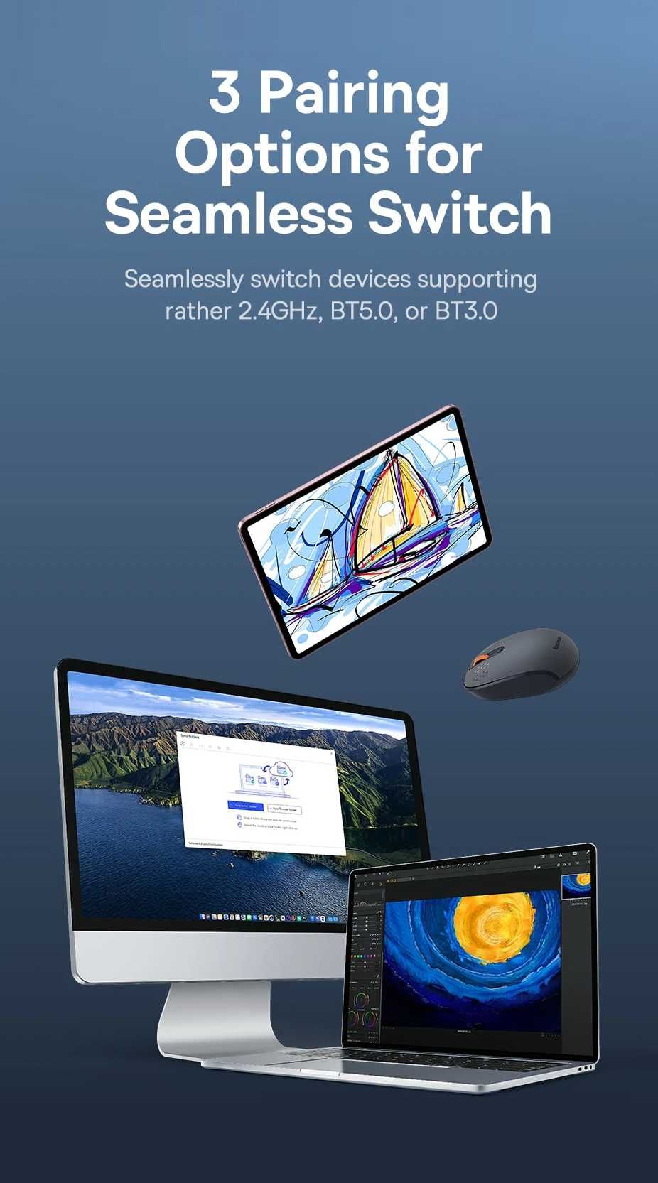 Бездротова миша BASEUS F01B Tri-Mode Wireless Mouse (2.4GHz/BT3/BT5)