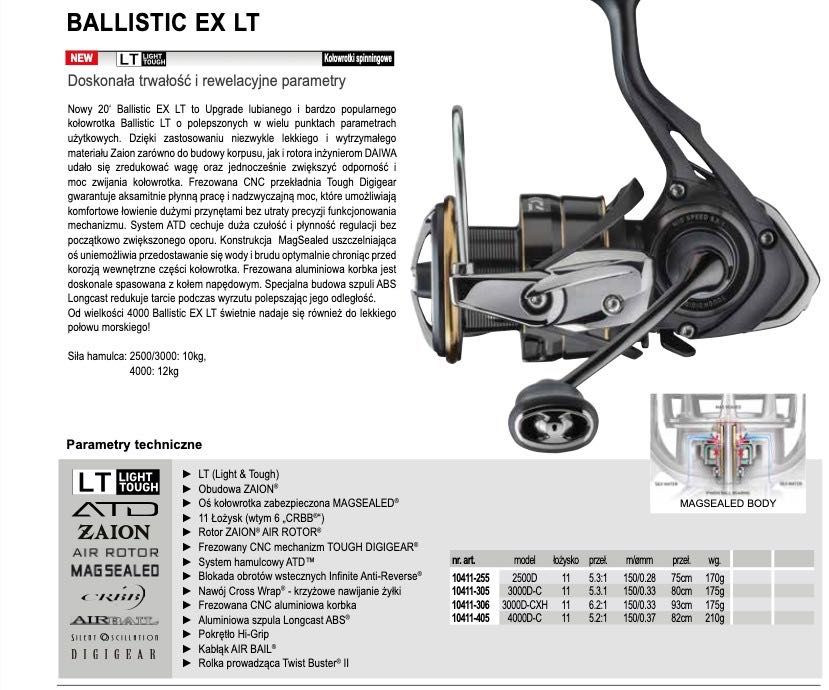 Kołowrotek spinningowy DAIWA BALLISTIC EX-LT 4000D-C (11 łożysk)