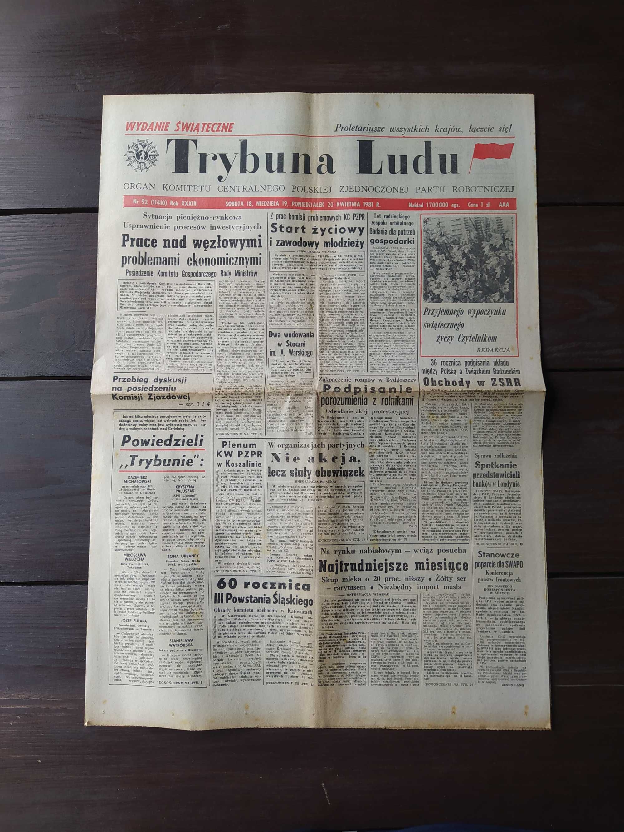 Gazeta TRYBUNA LUDU Nr 92 (11410), 18/19/20 IV 1981r. PRL