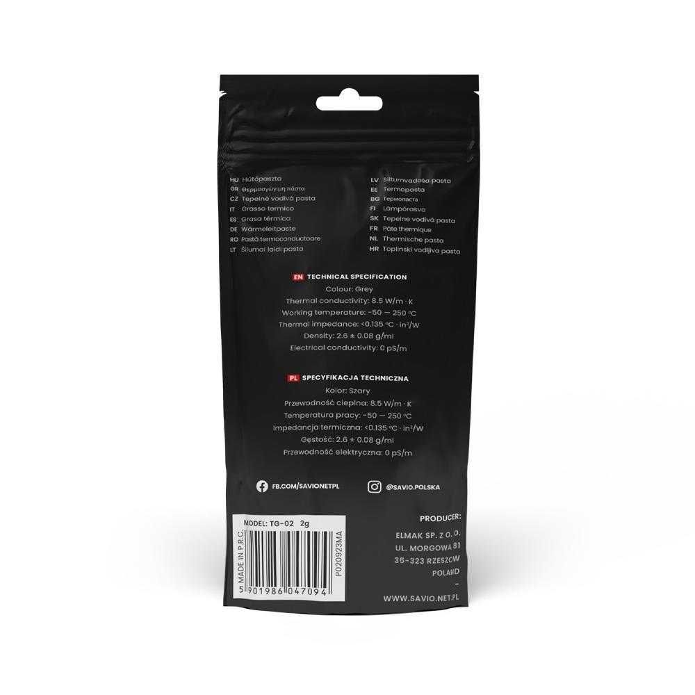 Pasta termoprzewodząca SAVIO TG-02 4G, 8.5W/m-K, 4g FV