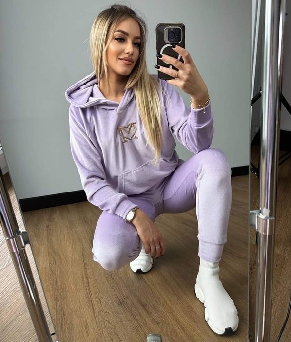 Dres fioletowy welurowy 36,38 pastelowy marina z kapturem nowy lila