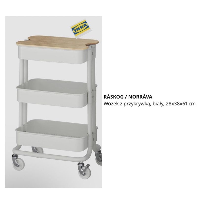 Ikea Wózek na kółkach z przykrywką do kuchni biały Raskog 28x31x61 cm