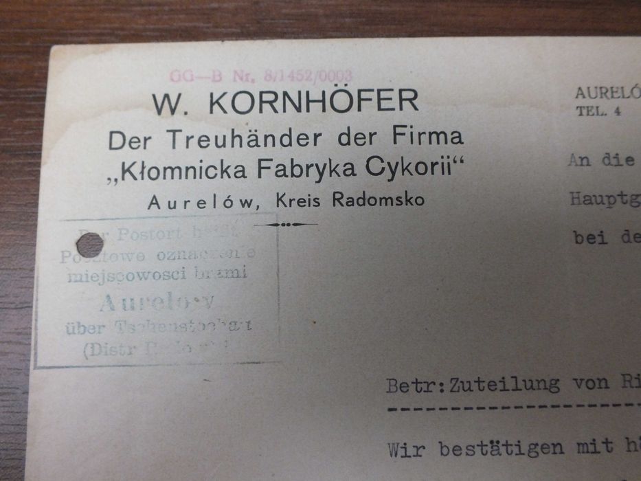 II Wojna-Kłomnicka Fabryka Cykorii Aurelów- List Handlowy lipiec 1944